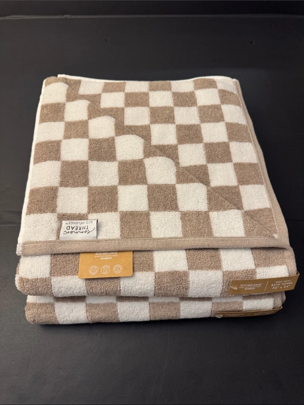 2pc COMMON THREAD Eco-Melange Bamboo Checkered Bath Towel Set - Tan/White